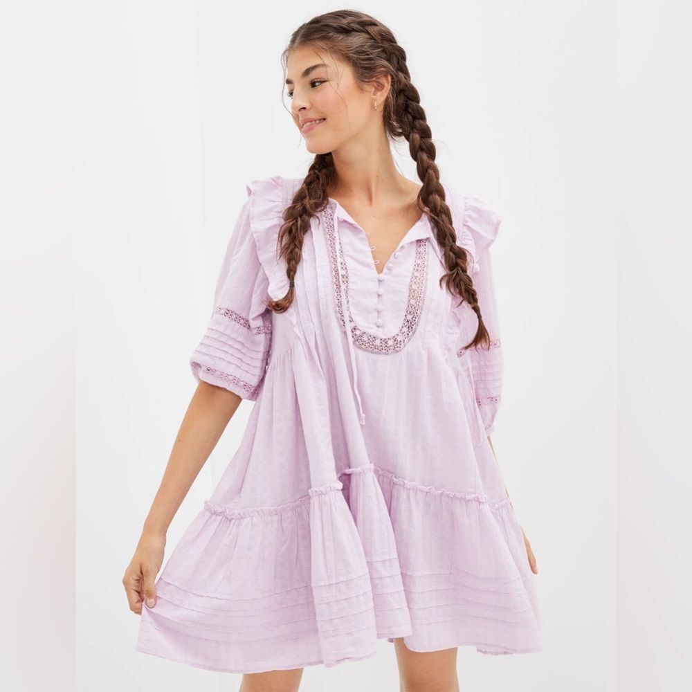 American Eagle Purple Pintuck Ruffle Babydoll Cottagecore Mini Dress Size XS